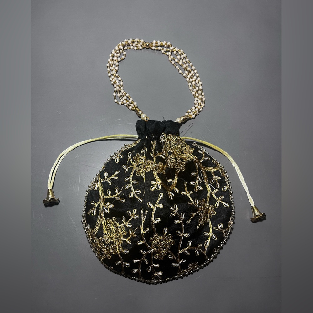 Vintage Beaded Strap, Embroidered Black and Gold Drawstring Party Purse